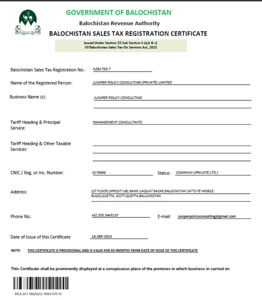 Sales Tax Registration Certificate, Balochistan Revenue Authority (BRA)