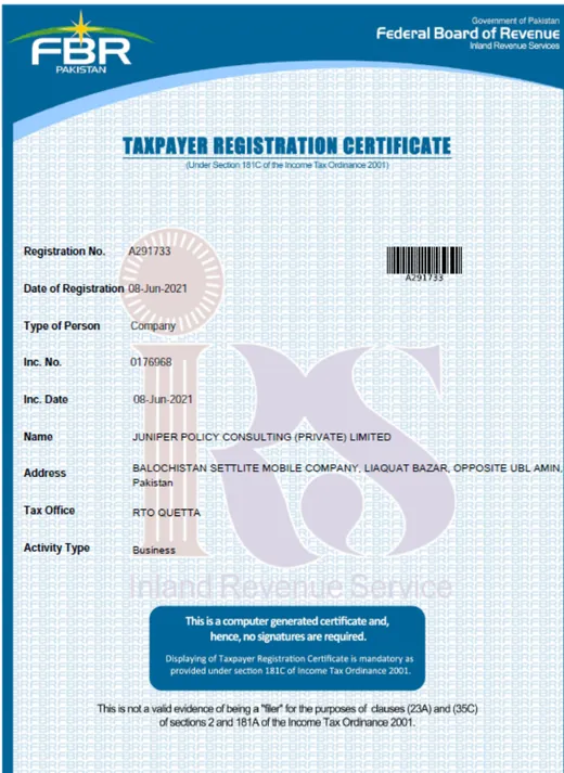 Taxpayer Registration Certificate, Federal Board of Revenue (FBR)